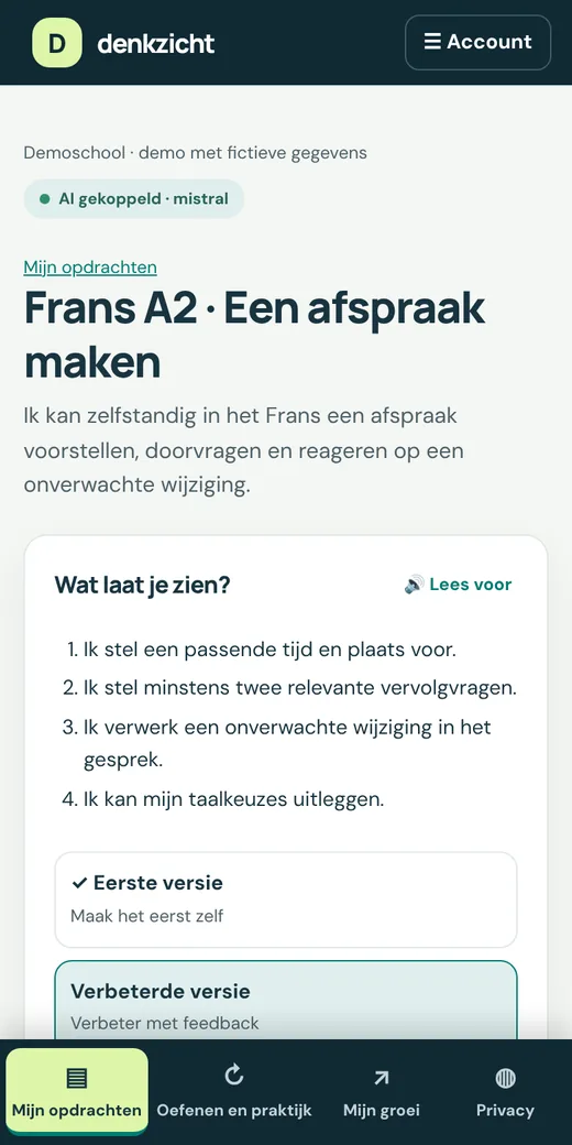 Telefoonscherm van een opdracht met de succescriteria en de stappen eerste versie en verbeterde versie